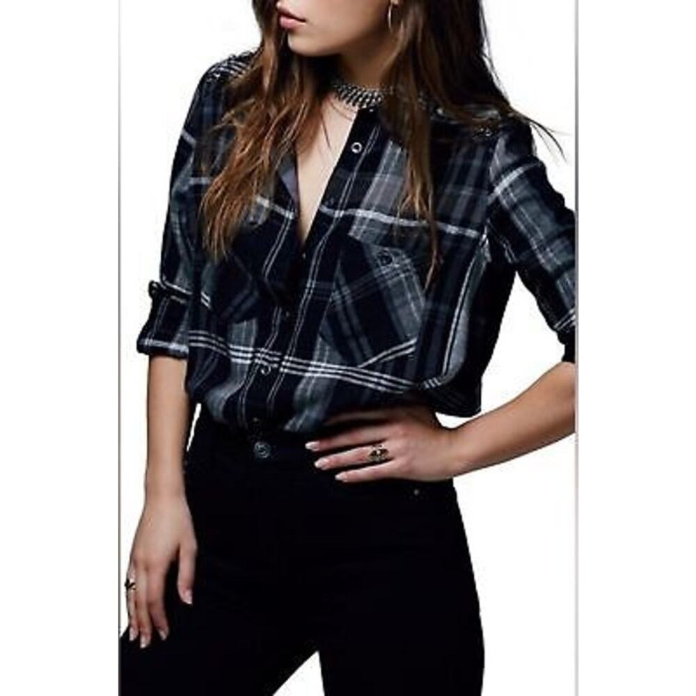 free people | wesley plaid button up bohemian chic women's long sleeve sz S